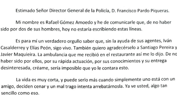 La carta a la Policía de un hombre salvado de la muerte por tres agentes: «Merecen el mayor reconocimiento»