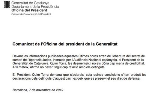 Comunicado de la Oficina de la Presidencia de la Generalitat de Cataluña