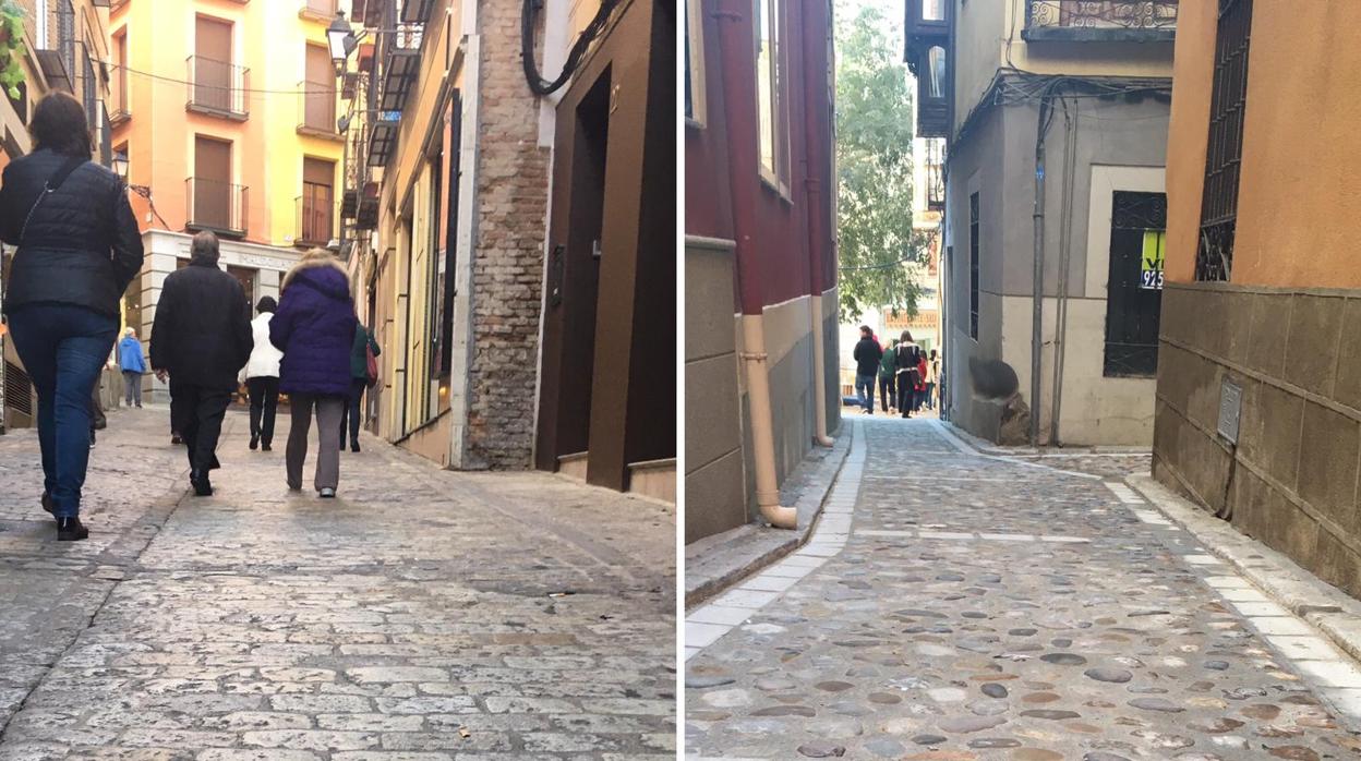 Calle Martín Gamero, con adoquín, y el nuevo canto rodado de la Travesía Jardines