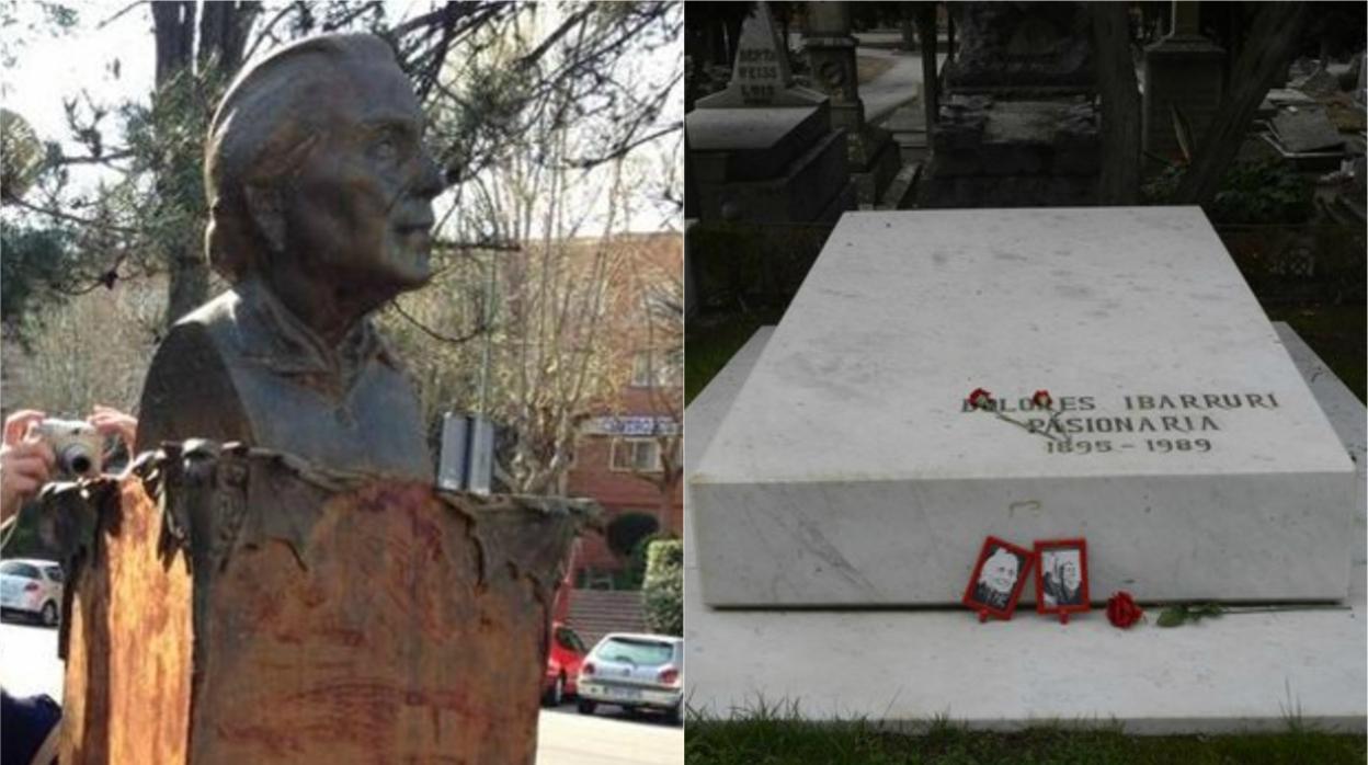 El busto atacado en Rivas; a la dcha., la tumba de La Pasionaria, en el cementerio civil