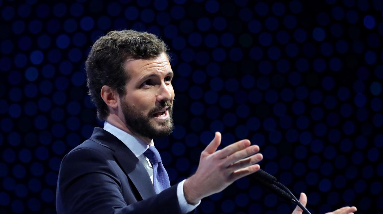 El líder del Partido Popular, Pablo Casado, durante su discurso a los miembros del Partido Popular Europeo