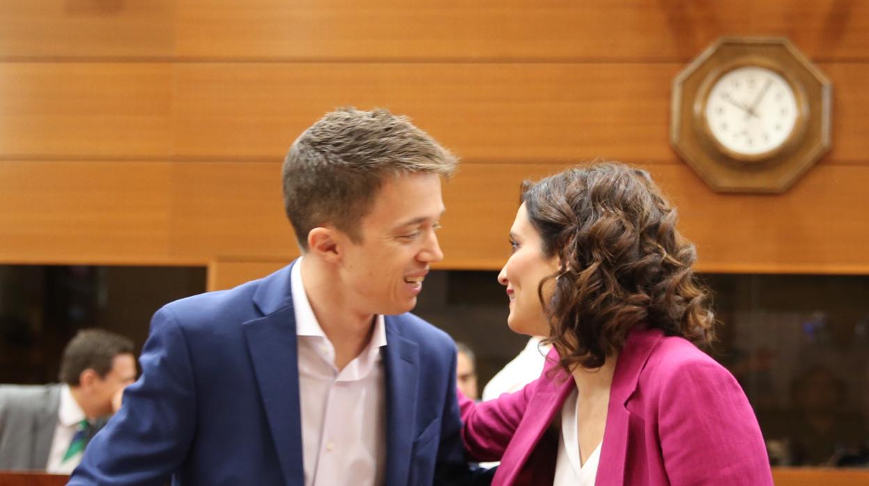 La presidenta Díaz Ayuso saluda a Íñigo Errejón en la Asamblea en julio, cuando él era diputado regional