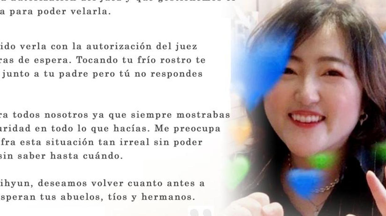 Imagen de Jihyun, la coreana fallecida en Madrid, junto a la carta escrita por sus padres