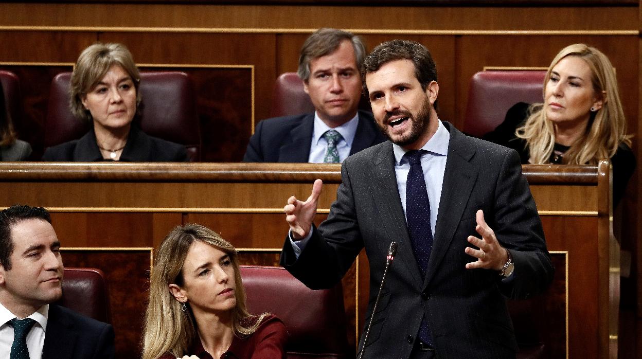 El presidente del PP, Pablo Casado, en el debate de investidura