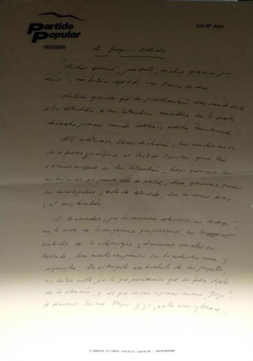 La carta de Aznar a Ordóñez tras su asesinato: «¿Es que no vas a parar nunca, Goyo?»