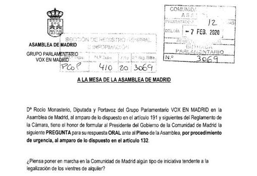 El documento que ha remitido Vox a la Asamblea de Madrid