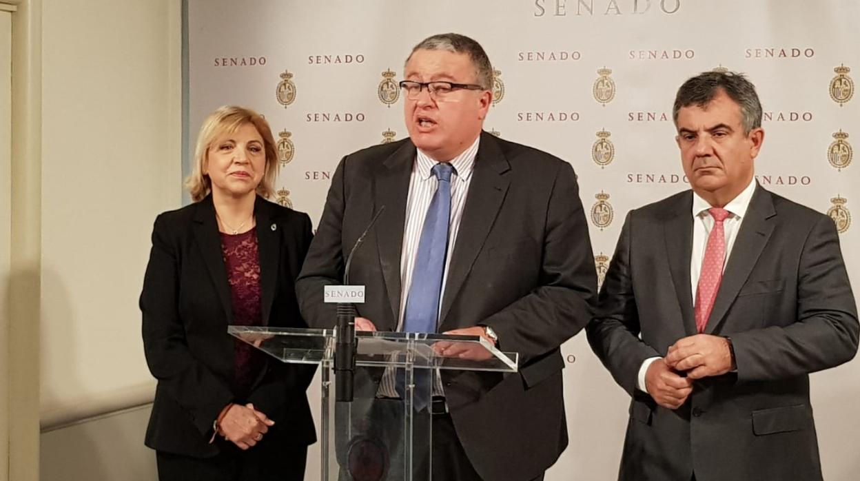 Violante Tomás, Francisco Bernabé y Juan María Vázquez, senadores del PP, esta mañana en el Senado