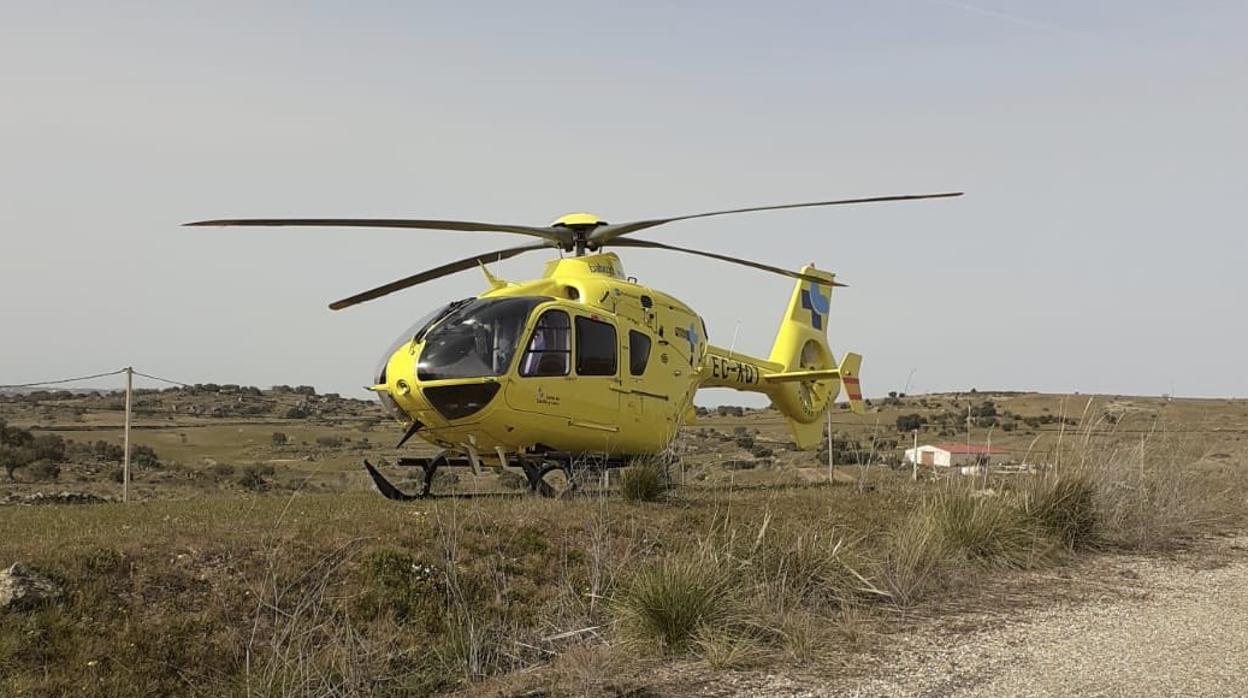 Imagen del helicoptero de Sacyl que ha aterrizado en una tierra de Fermoselle (Zamora)