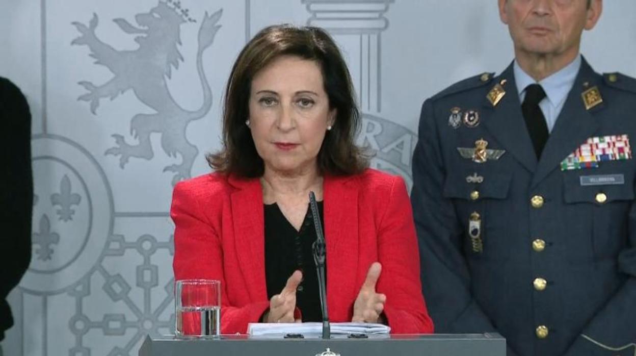 Margarita Robles durante la rueda de prensa telemática que ofreció el domingo desde La Moncloa