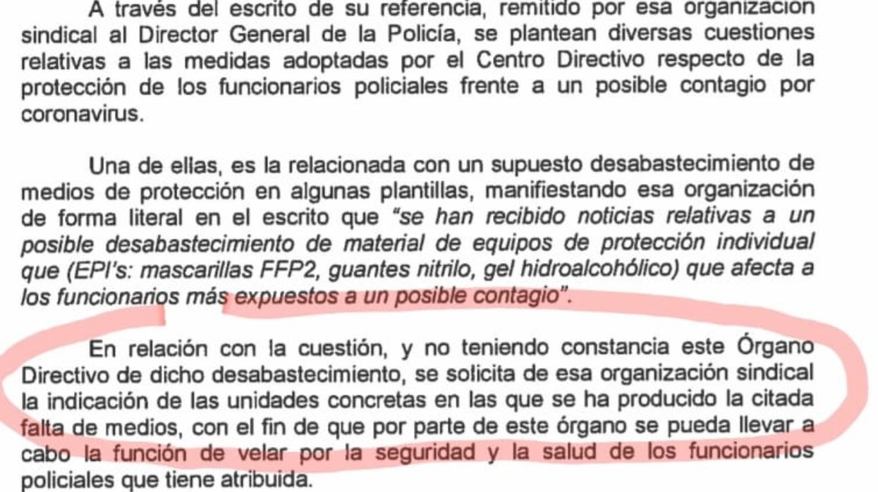 Documento de respuesta al SUP de la Dirección General de la Policía