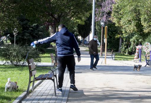 Dos hombres pasean a sus respectivos perros atados en Alcalá de Henares