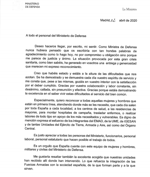 Carta de la ministra Robles a los militares por el coronavirus: «Habéis estado y estáis a la altura»