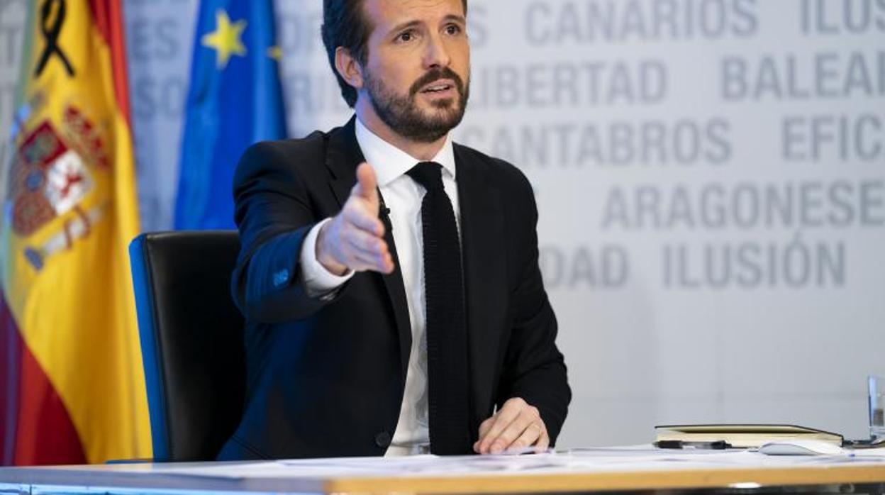 Pablo Casado, durante una rueda de prensa por videoconferencia