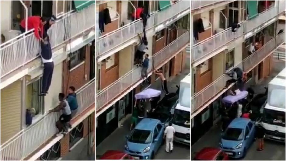 Espectacular rescate con un colchón para evitar que un hombre cayera al vacío desde su casa