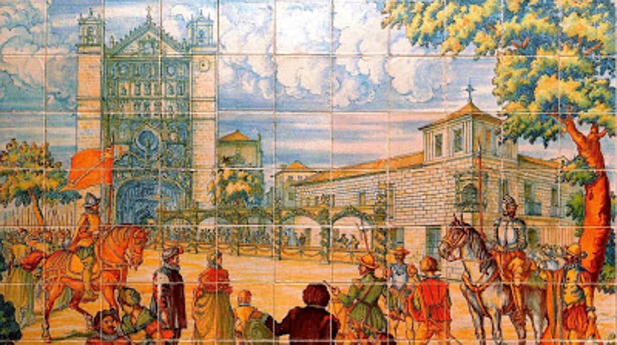 Azulejo del Palacio de Pimentel en el que se ve la pasarela hasta el templo