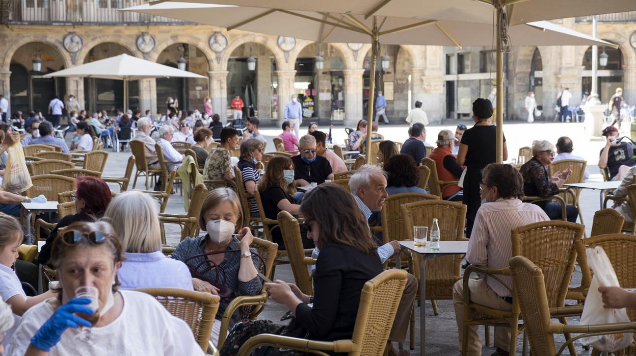 Terrazas en la plaza Mayor de Salamanca en el primer día de la fase 1 en la ciudad ICAL