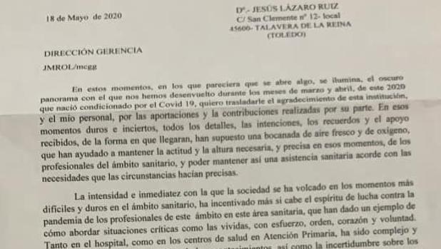 La carta de agradecimiento del gerente del área sanitaria de Talavera: «El apoyo ha sido una bocanada de oxígeno»