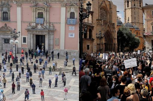 A la izquierda, imagen tomada el día de la festividad de la Virgen de los Desamparados; a la derecha, imagen tomada este domingo en la protesta contra el racismo