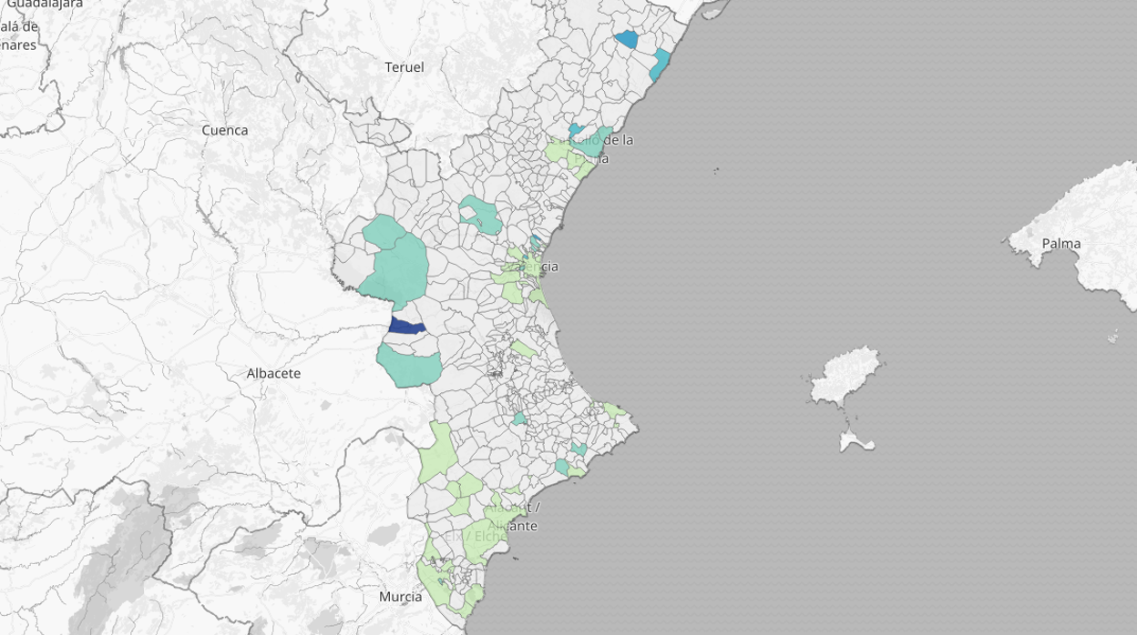 Mapa de los contagios de Covid-19 en la Comunidad Valenciana en los últimos 14 días