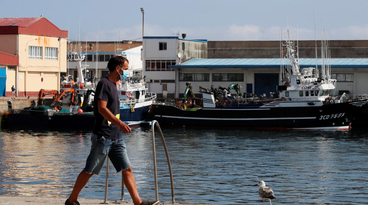 Un marinerio, protegido con la mascarilla, en el puerto de Burela