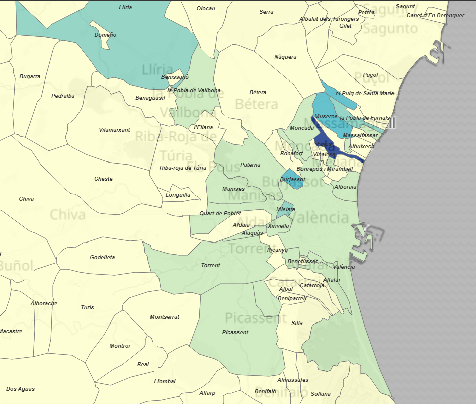 Mapa de los positivos en Valencia y su área metropolitana en los últimos 14 días