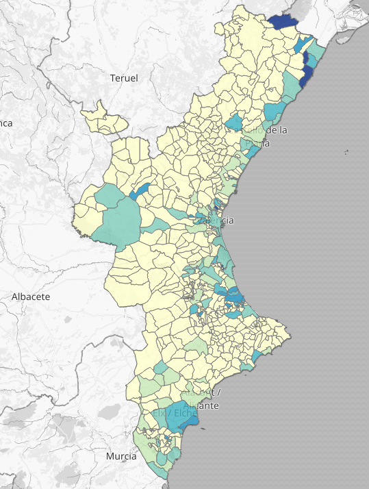 Mapa de las pruebas PCR positivas en los últimos 14 días en la Comunidad Valenciana