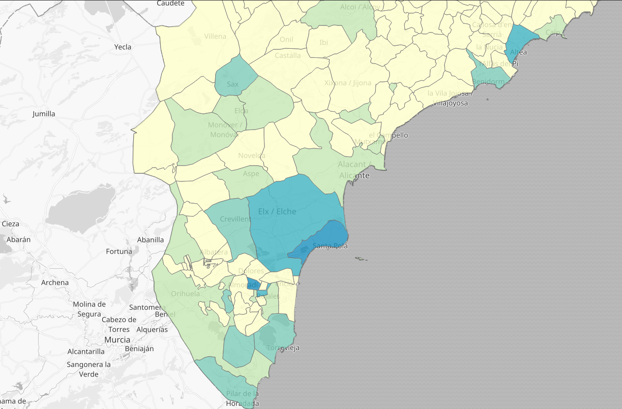 Mapa de las pruebas PCR positivas en los últimos 14 días en la provincia de Alicante