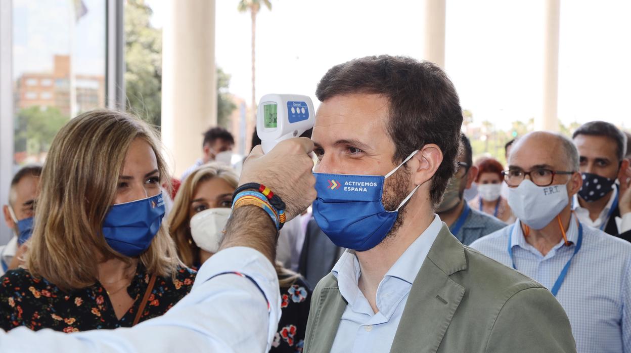 El presidente del PP, Pablo Casado al inicio de su participación en XV Congreso del PP en Valencia