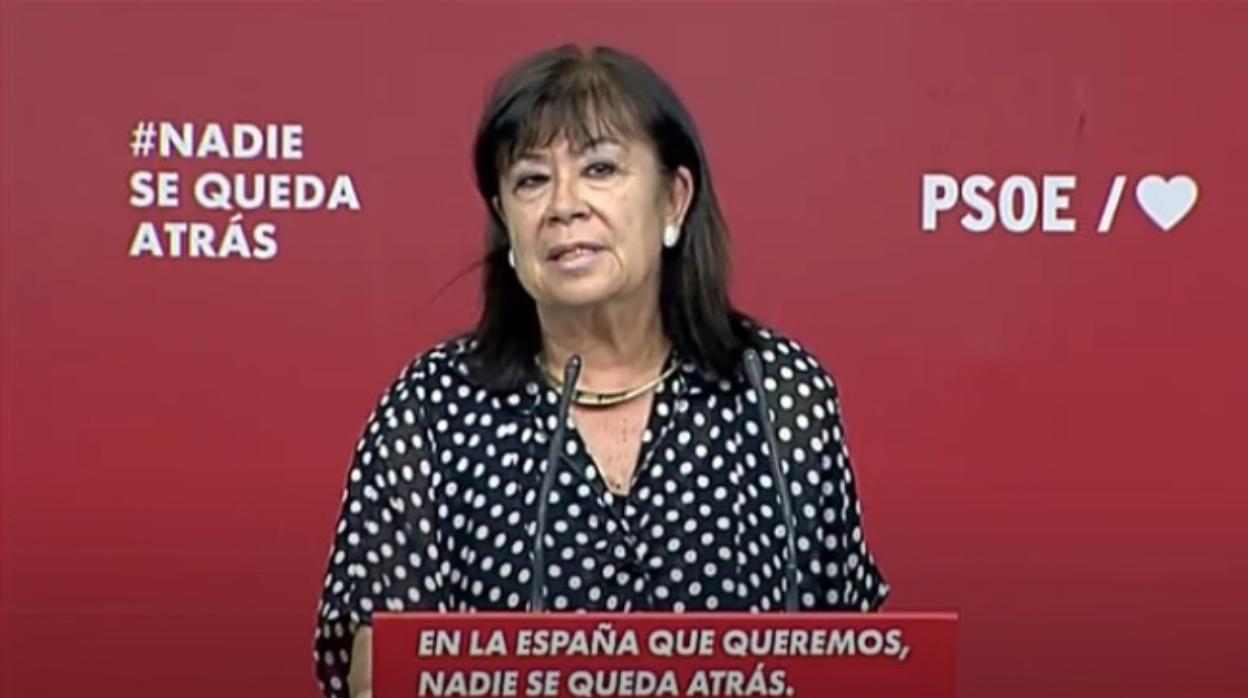 La presidenta del PSOE, Cristina Narbona, durante la rueda de prensa telemática ofrecida desde Ferraz este lunes