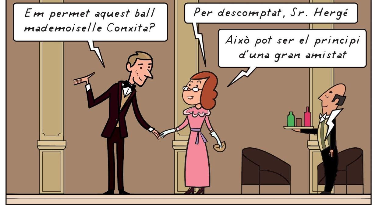 Viñetade de un cómic de la Associació Catalana de Tintinaries que ilustra el encuentro entre Hergé y Zendrera