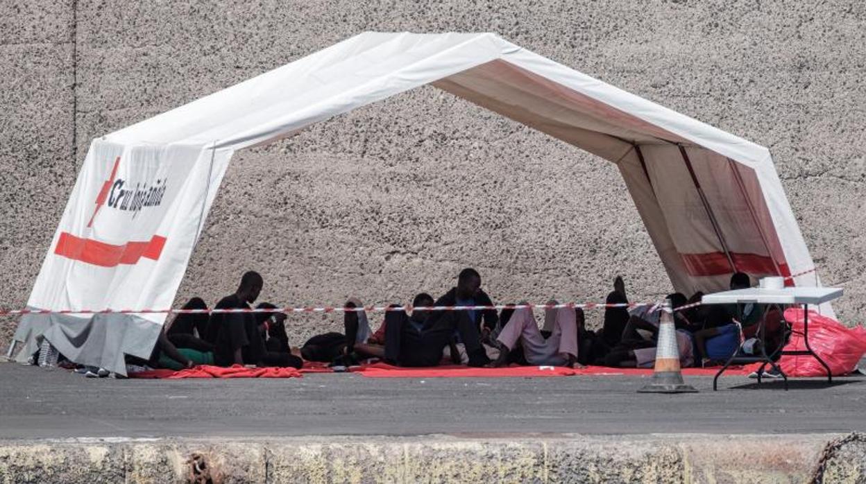 Inmigrantes pasan el inicio de su cuarentena en carpas en un puerto de Gran Canaria