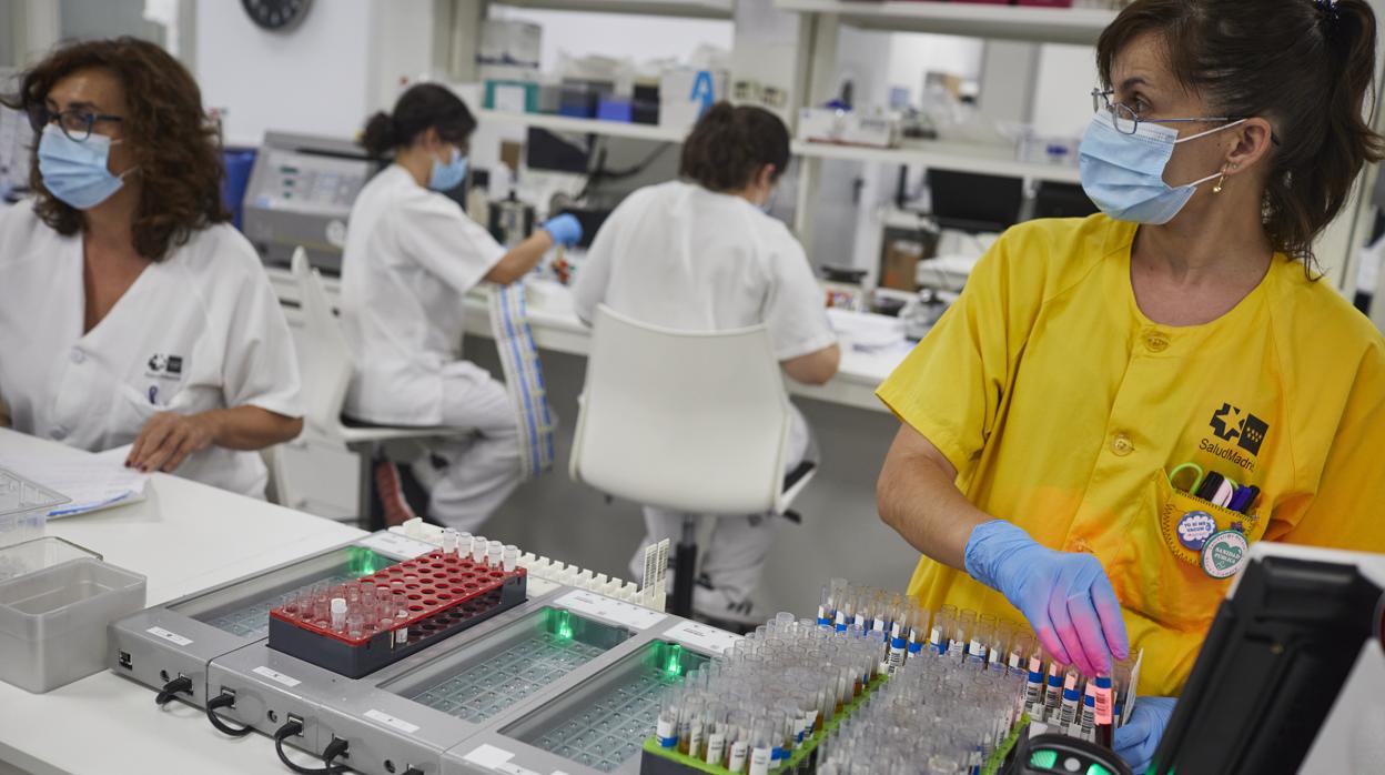 Dos microbiólogas analizan los resultados de las PCR en el laboratorio del Gregorio Marañón