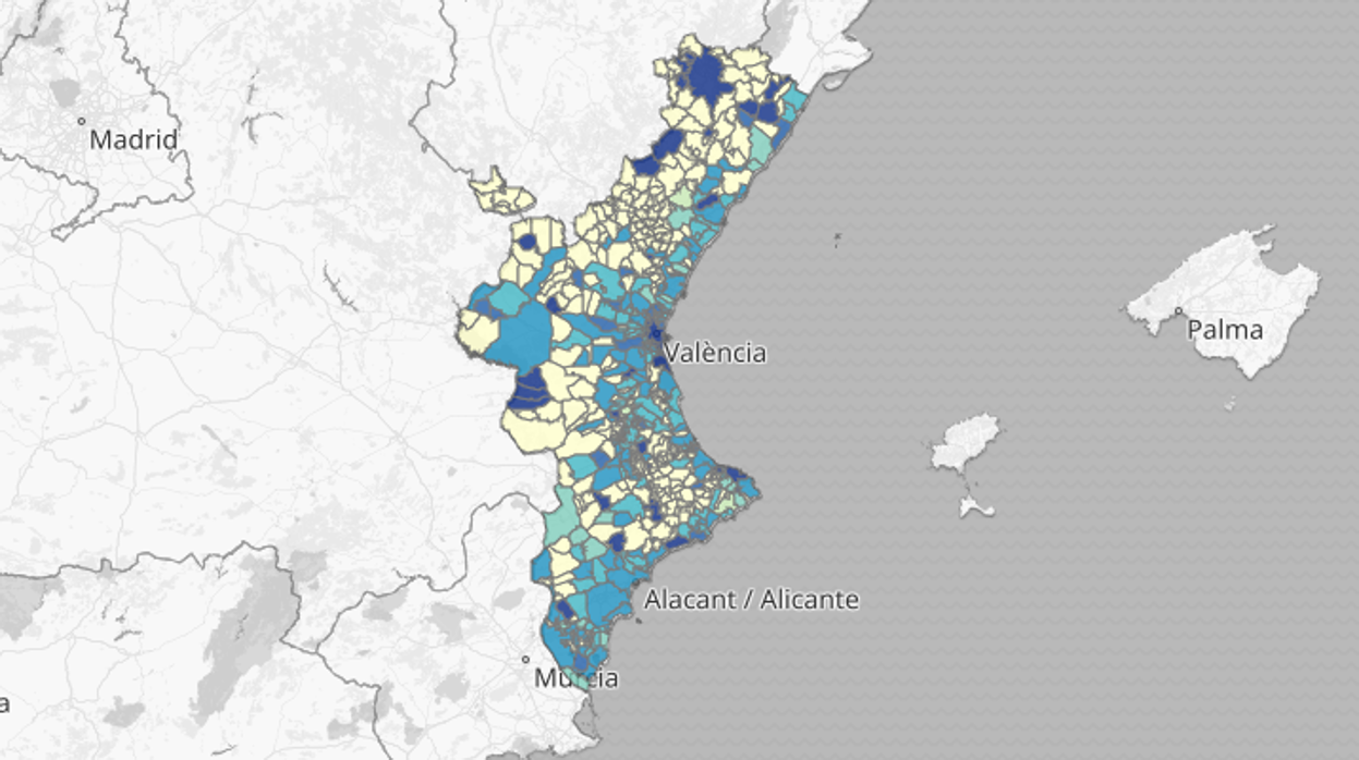 Mapa con los municipios más y menos afectados por los casos de coronavirus en la Comunidad Valenciana