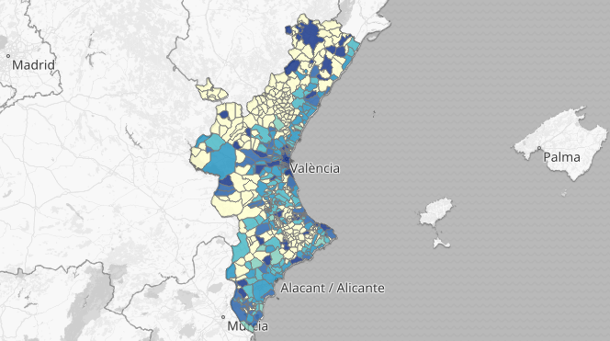 Mapa de la incidencia del coronavirus por municipios difundido por la Generalitat Valenciana