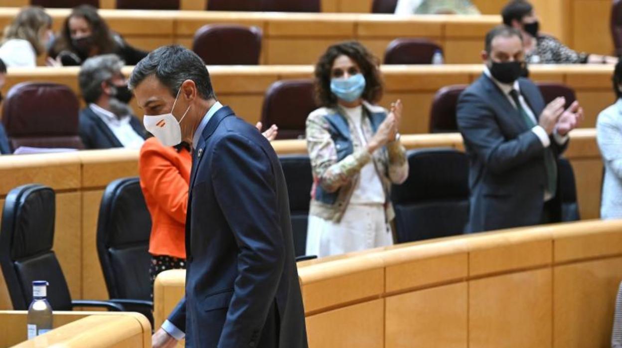 El presidente del Gobierno, Pedro Sánchez, esta tarde en el Pleno del Senado