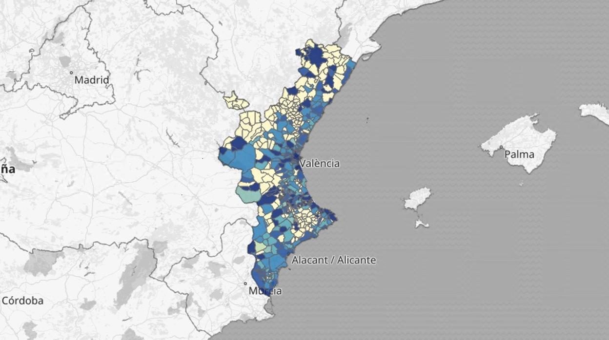 Mapa de incidencia del coronavirus por municipios en la Comunidad Valenciana en los últimos 14 días