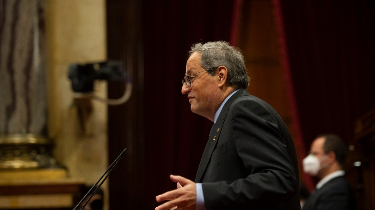 Quim Torra, presidente de la Generalitat, durante su intervención hoy