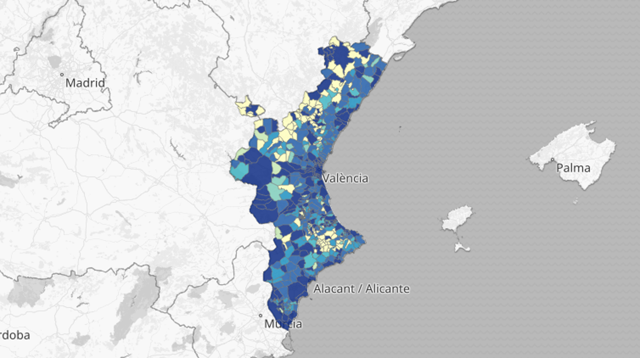 Mapa de incidencia del coronavirus por municipios en la Comunidad Valenciana según las pruebas PCR