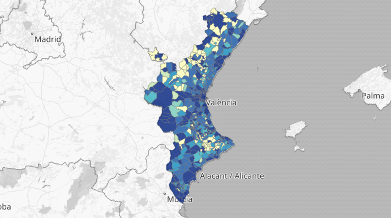 Mapa de la incidencia del coronavirus por municipios en la Comunidad Valenciana según las pruebas PCR