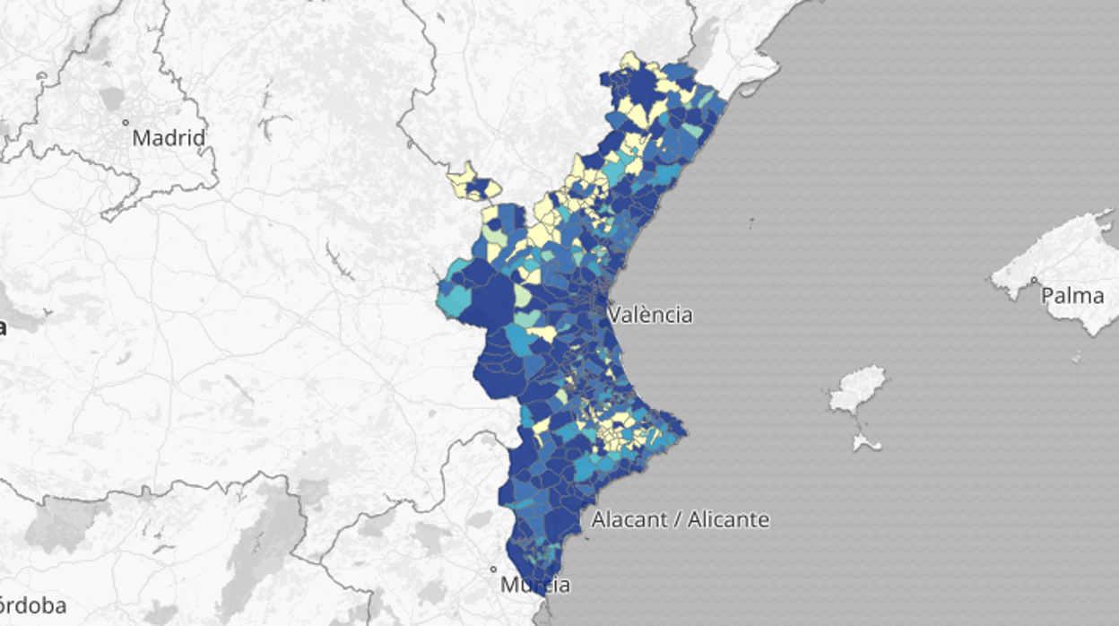 Mapa de la incidencia del coronavirus por municipios en la Comunidad Valenciana, según los test PCR