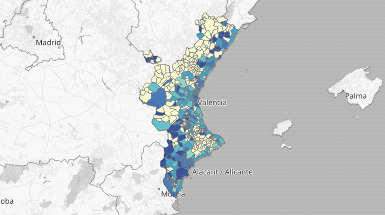 Mapa de la incidencia del coronavirus por municipios de la Comunidad en los últimos 14 días