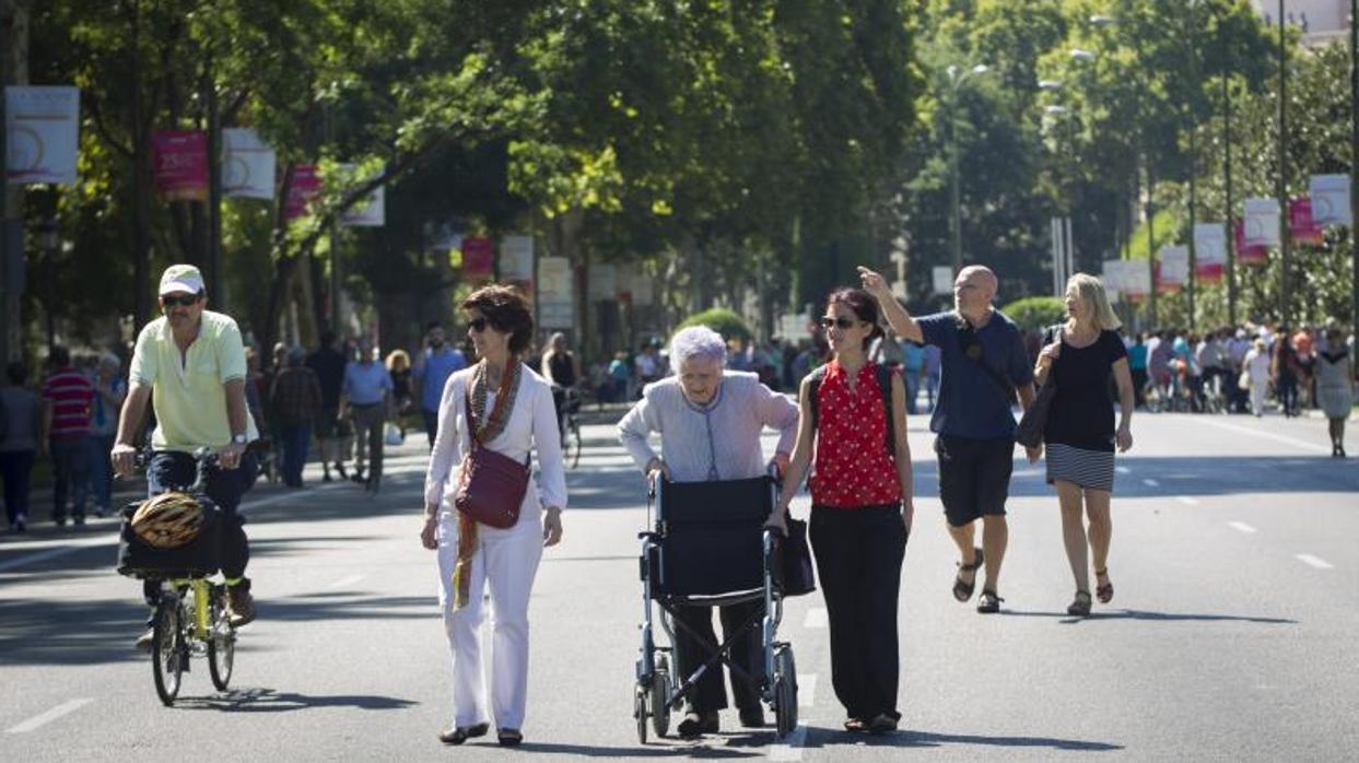 Decenas de personas por la calzada del Paseo del Prado, durante un domingo peatonalizado