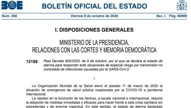 Lea el documento del BOE que impone el estado de alarma en Madrid