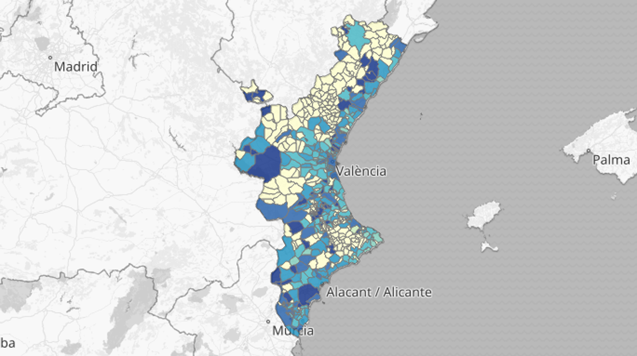 Mapa de la incidencia del coronavirus por municipios en la Comunidad Valenciana en los últimos 14 días según las pruebas PCR