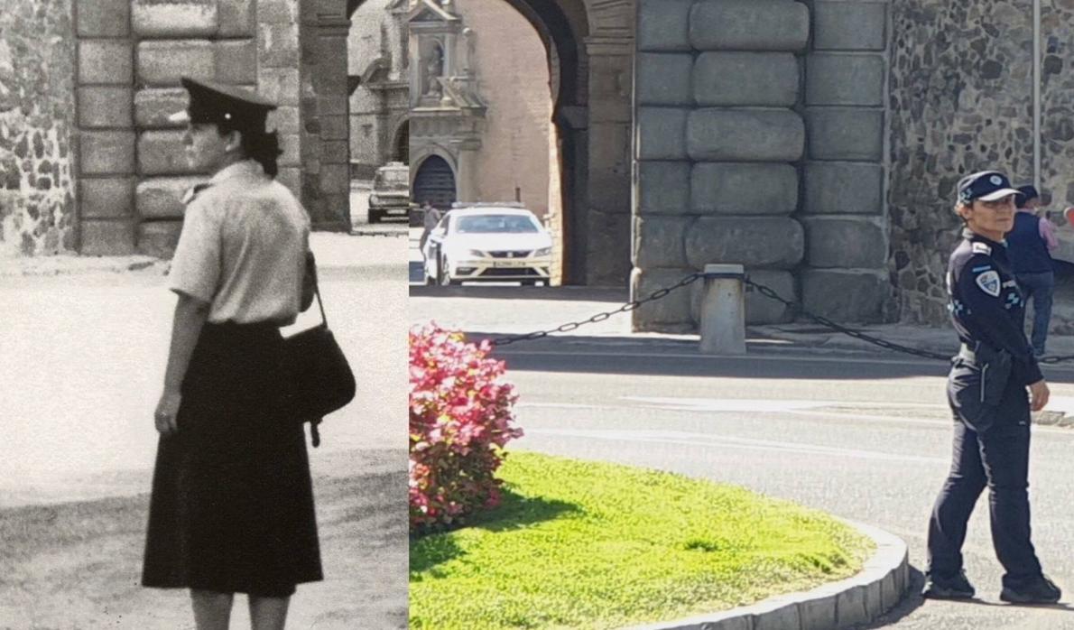 Dos imágenes de la agente, con el uniforme que usaba al comienzo de su carrera, y con el actual