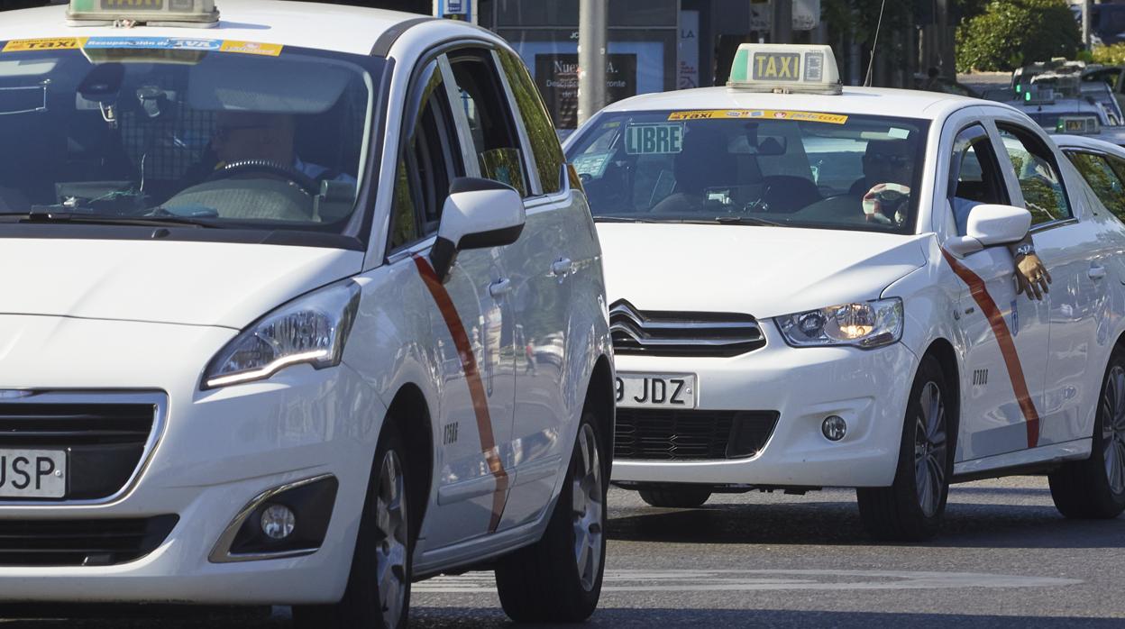 Varios taxistas circulan durante una manifestación por la complicada situación del sector