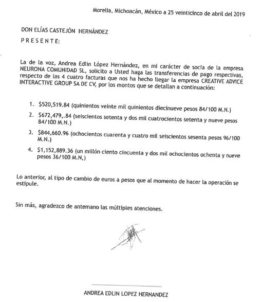 Primera orden de pago enviada la dueña de Neurona al administradorABC