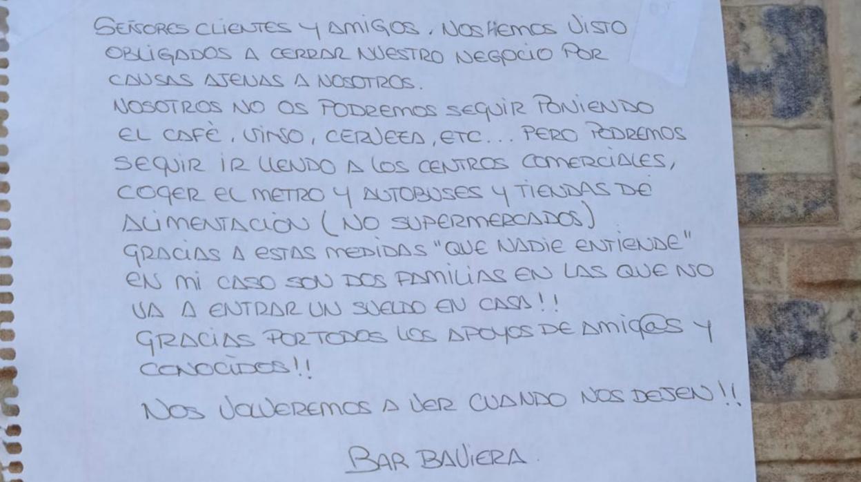 La carta escrita a los clientes y amigos del bar Baviera