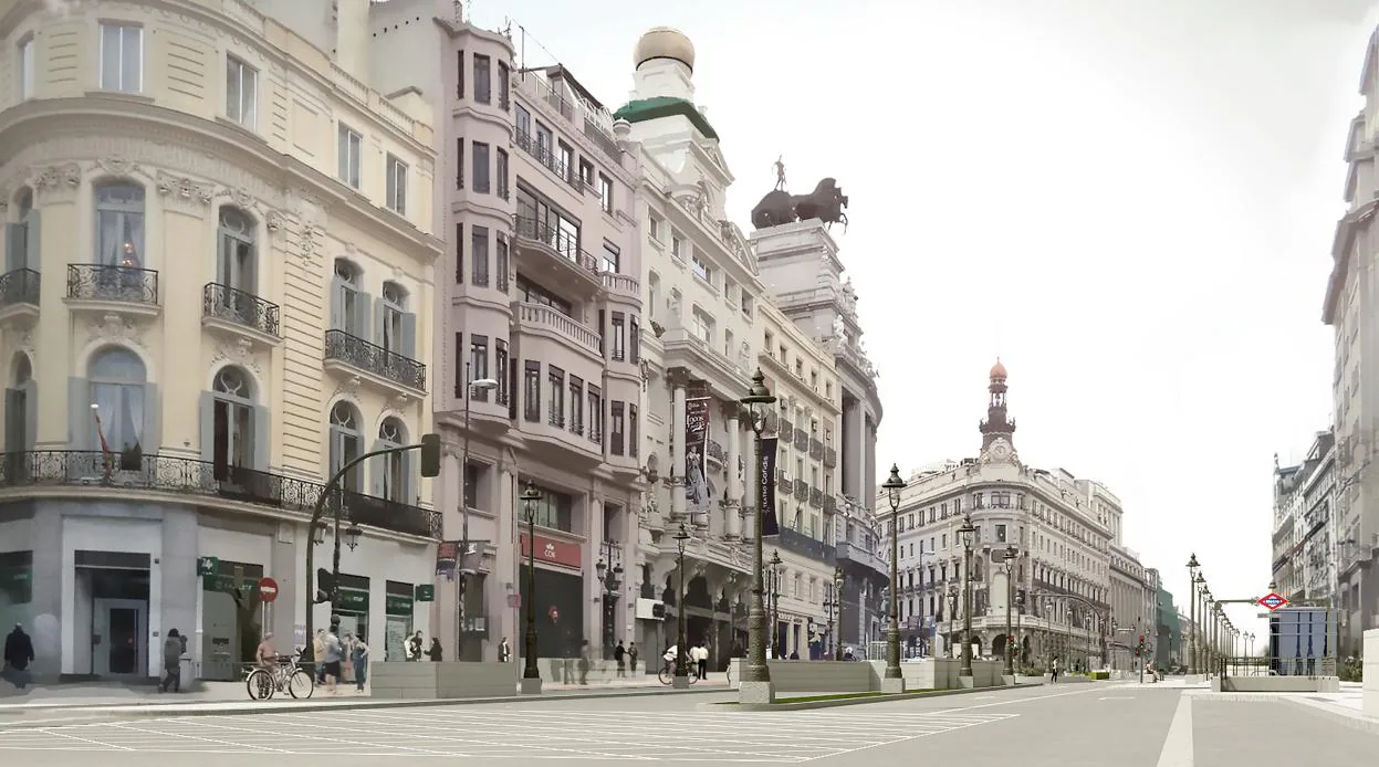 Recreación del tramo de Alcalá que será reformado para adaptarse al entorno de la peatonalización de Sol