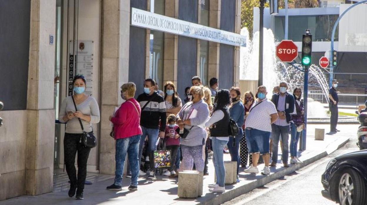 Colas para entrar en un servicio municipal del Ayuntamiento de Alicante, por las medidas de seguridad y aforo en la actual pandemia